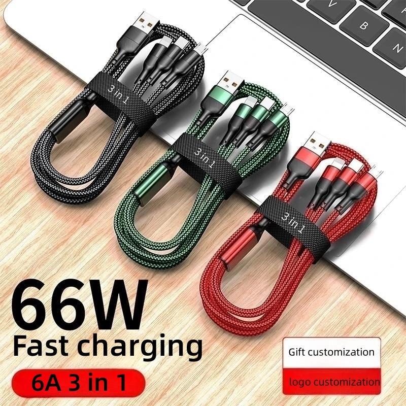 Sbtool 3 in 1 Fast Charging Cable 66W 6A Multi Port USB-C Micro USB Type-C Data Cable for iPhone Samsung Huawei