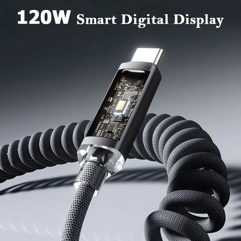 120W Car Spring Type C Cable For iPhone Huawei Xiaomi Samsung PD Fast Charging For Macbook iPad USB Type C to Type C Cable
