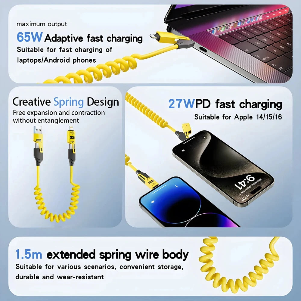 4 in 1 Spring Pull Telescopic USB Cable 65W Fast Charging Data Cable Zinc Alloy Shell Self Storage Charging Cord For Car Daily U