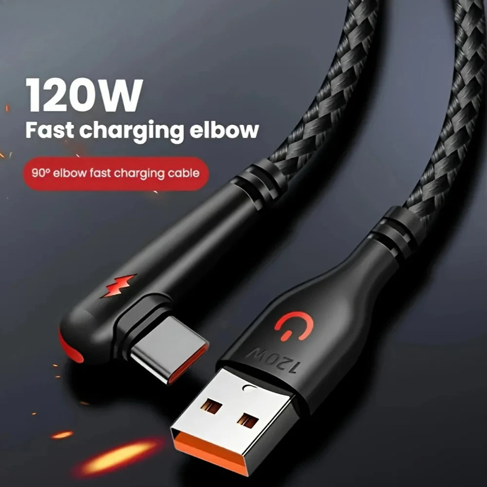 1-3PCS 120W High Speed Charging Cable Nylon Braided USB To Type C with 90 Degree Bend Design for Huawei OPPO Samsung Phones