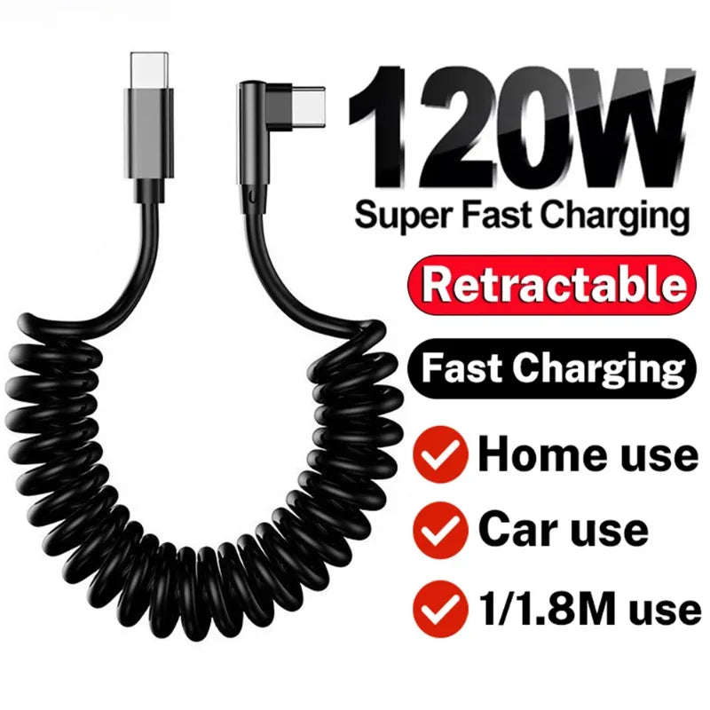 120W Fast Charging Type C Cables Right Angle Coiled USB C-C Car Charger Cord for iPhone Samsung Xiaomi Carplay Retractable Wire