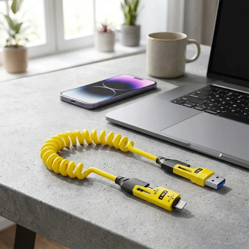 4 in 1 Spring Pull Telescopic USB Cable 65W Fast Charging Data Cable Zinc Alloy Shell Self Storage Charging Cord For Car Daily U