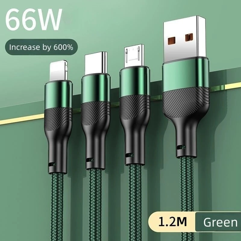 Sbtool 3 in 1 Fast Charging Cable 66W 6A Multi Port USB-C Micro USB Type-C Data Cable for iPhone Samsung Huawei