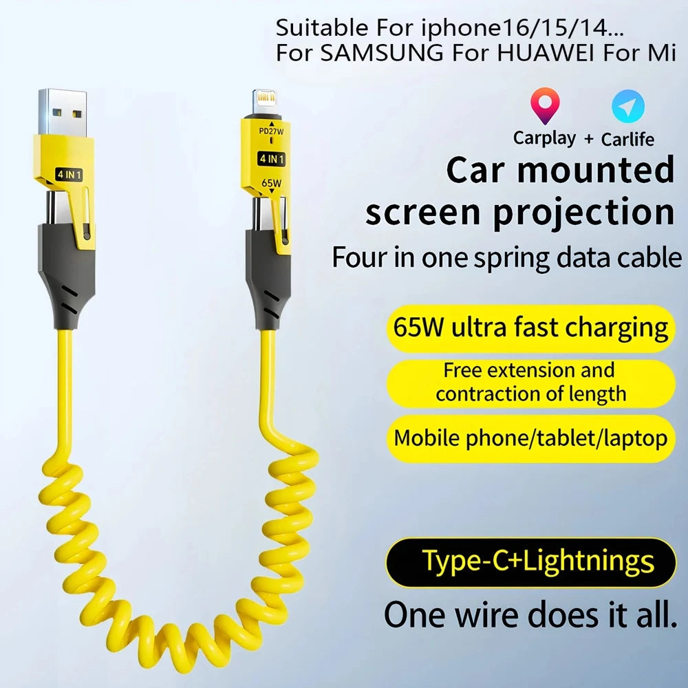 4 in 1 Spring Pull Telescopic USB Cable 65W Fast Charging Data Cable Zinc Alloy Shell Self Storage Charging Cord For Car Daily U